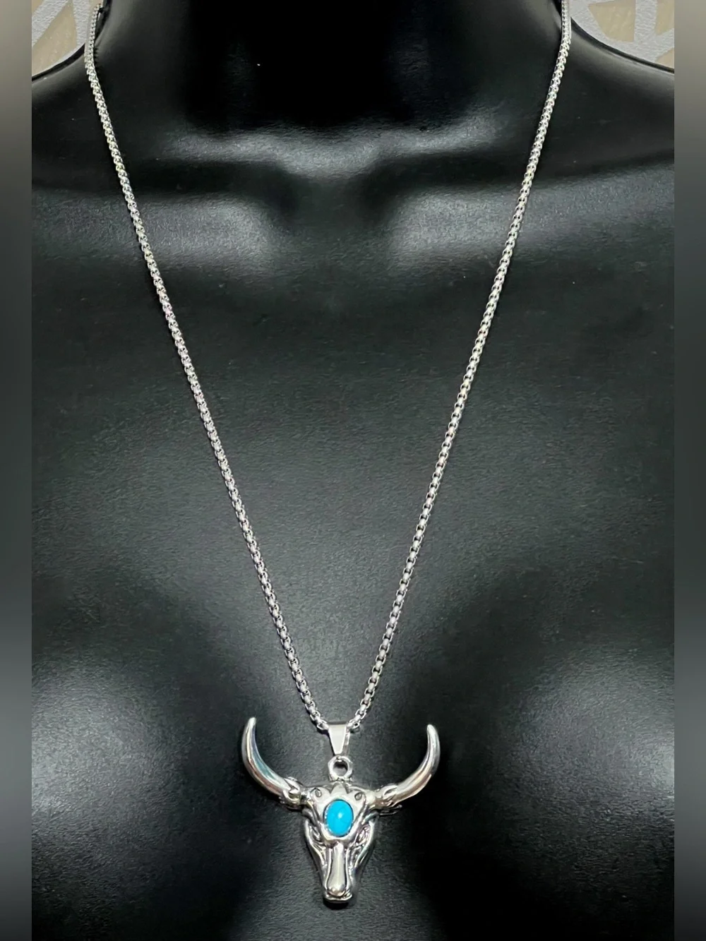 Silver Bull Skull Pendant Necklace with Turquoise Accent